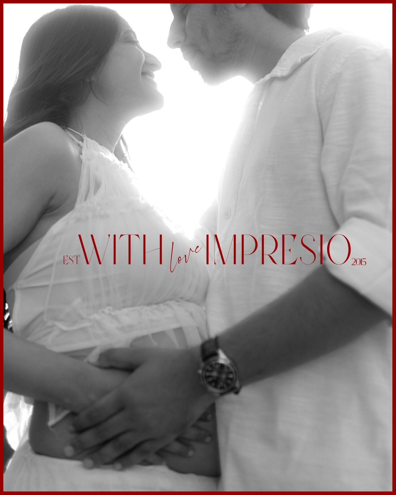 Black and white photo of a pregnant couple embracing tenderly, with With Love Impresio branding overlay.