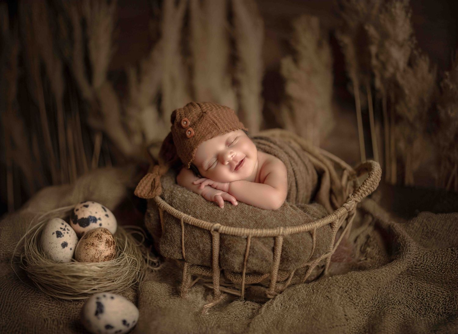 Smiling newborn baby sleeping in rustic basket with quail eggs and brown knit hat.