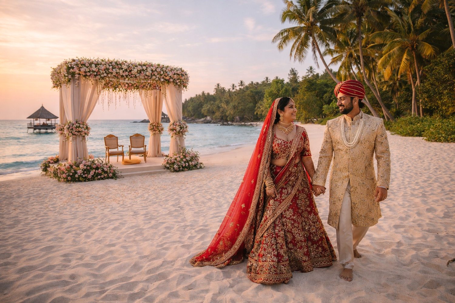 Romantic beachside wedding ceremony setup with palm trees and decorative elements at sunset on a tropical beach.