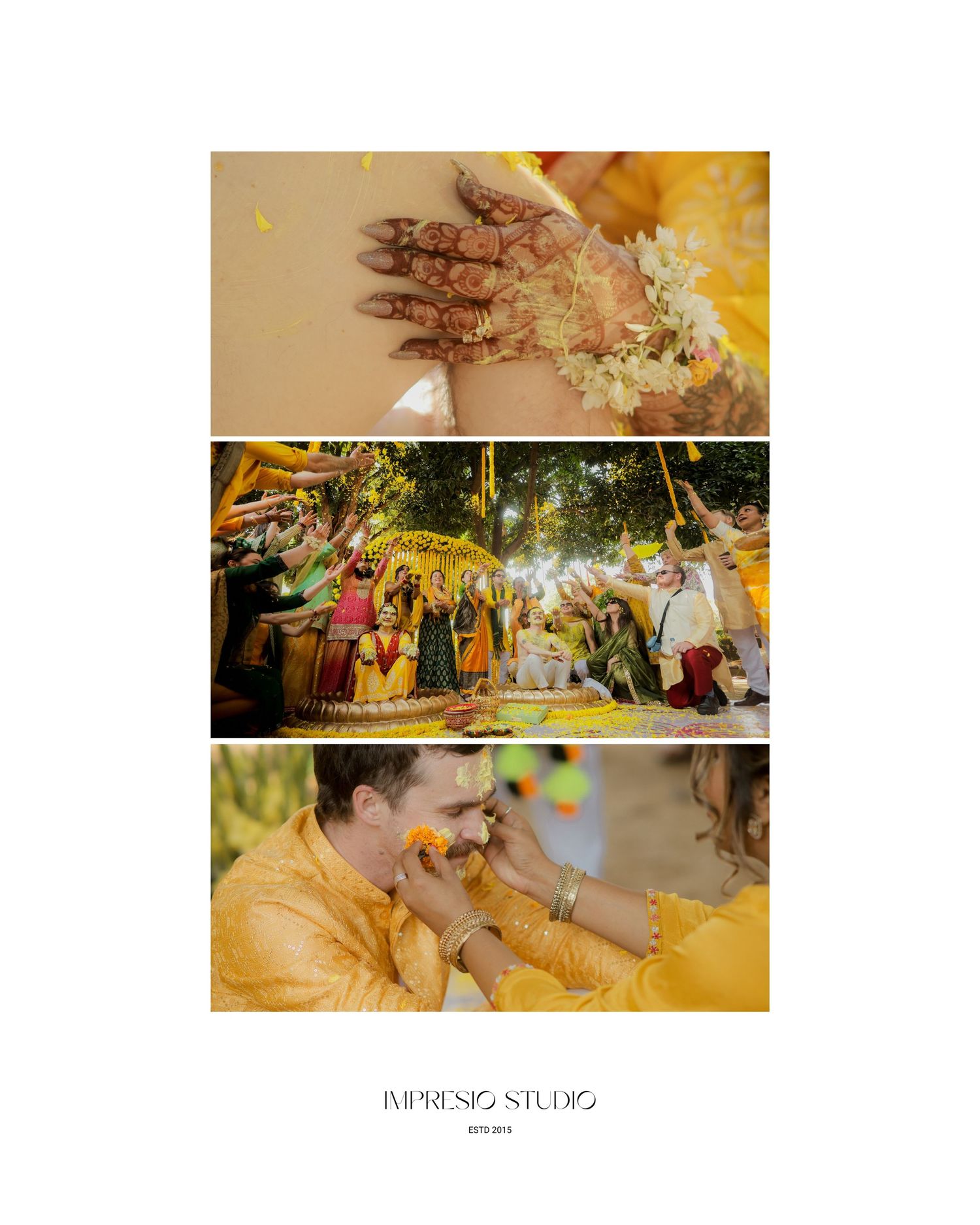 Traditional Indian wedding ceremony featuring henna application, outdoor celebration, and joyful moments in yellow attire.