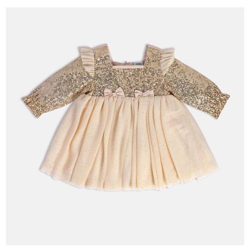 Festive cream colored toddler dress with gold sequined bodice and pleated skirt.