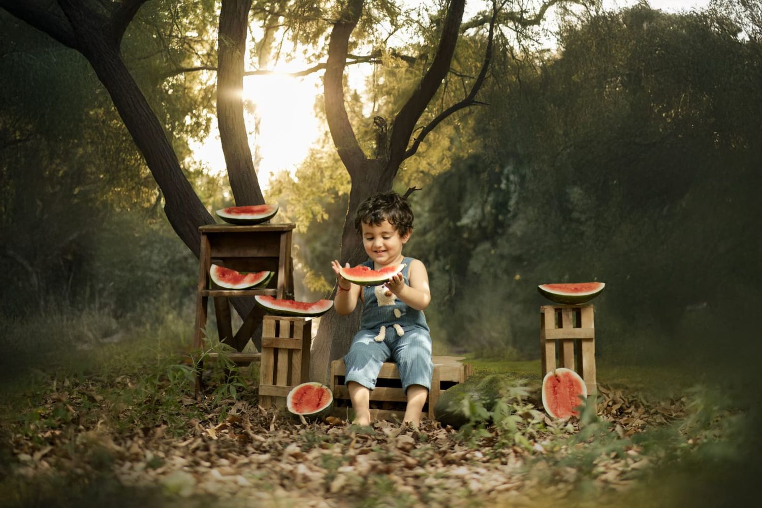 A happy child sits outdoors eating watermelon slices surrounded by cut watermelons on wooden stands in a sunlit forest.