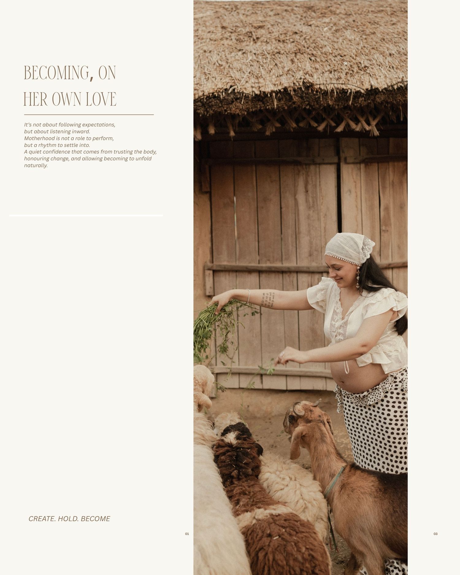 Pregnant woman in white top and polka dot skirt feeding goats near a rustic wooden barn.