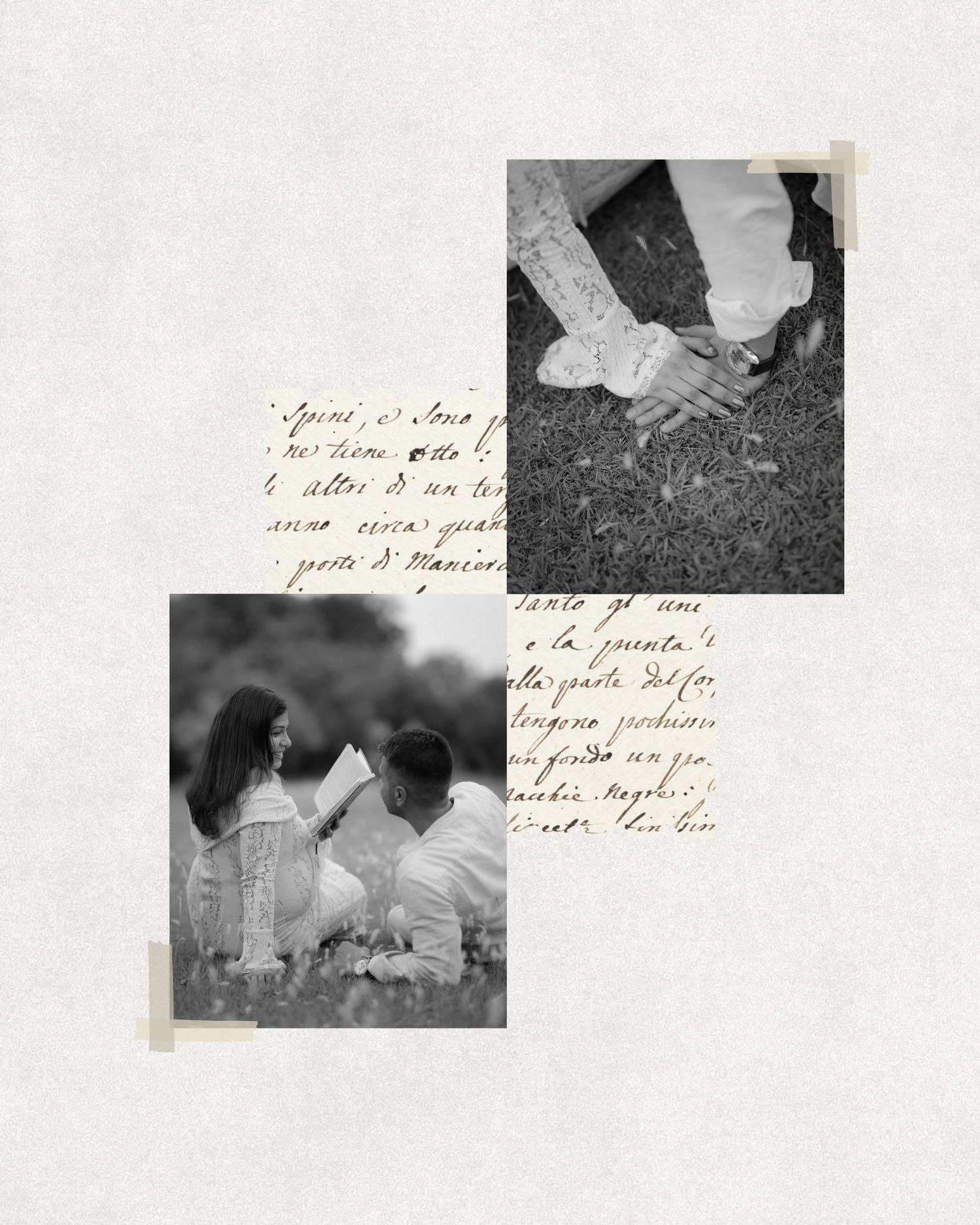 Black and white romantic couple photos on textured background with cursive script, featuring hands touching and couple reading together.