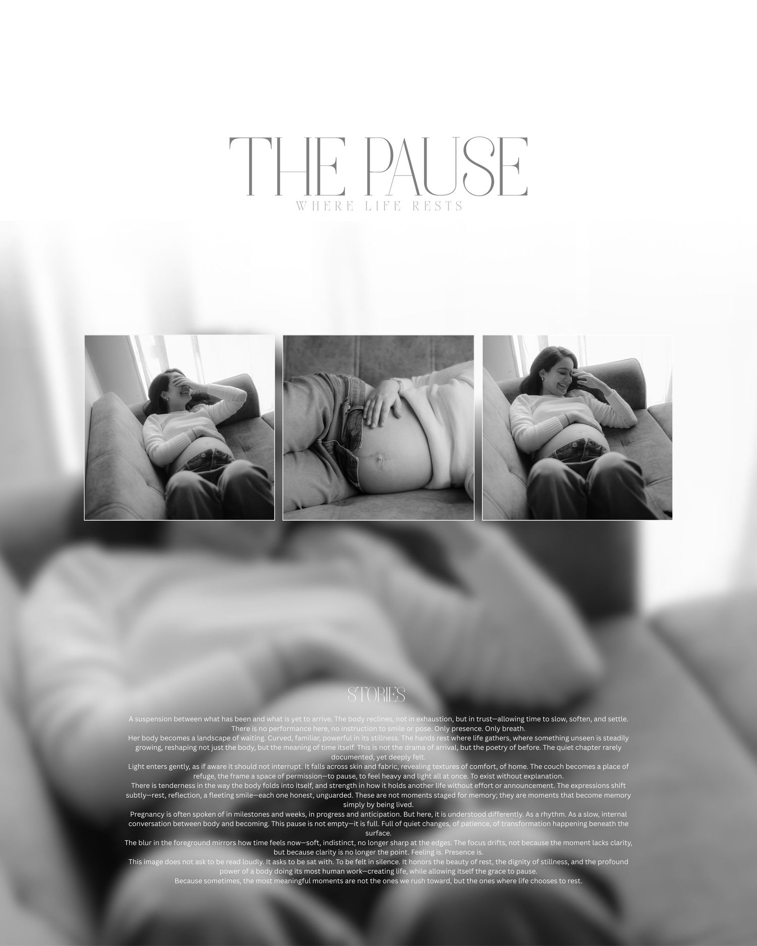 Three artistic black and white photographs showing intimate moments of pregnancy arranged in a triptych layout.