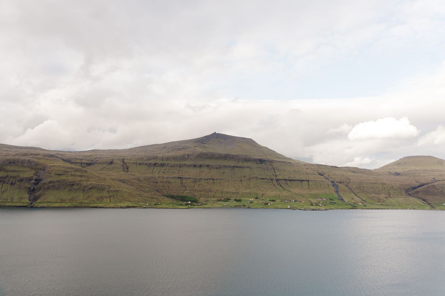 Scenic fjord landscape with calm water reflecting green mountainside under cloudy sky in the Faroe Islands.