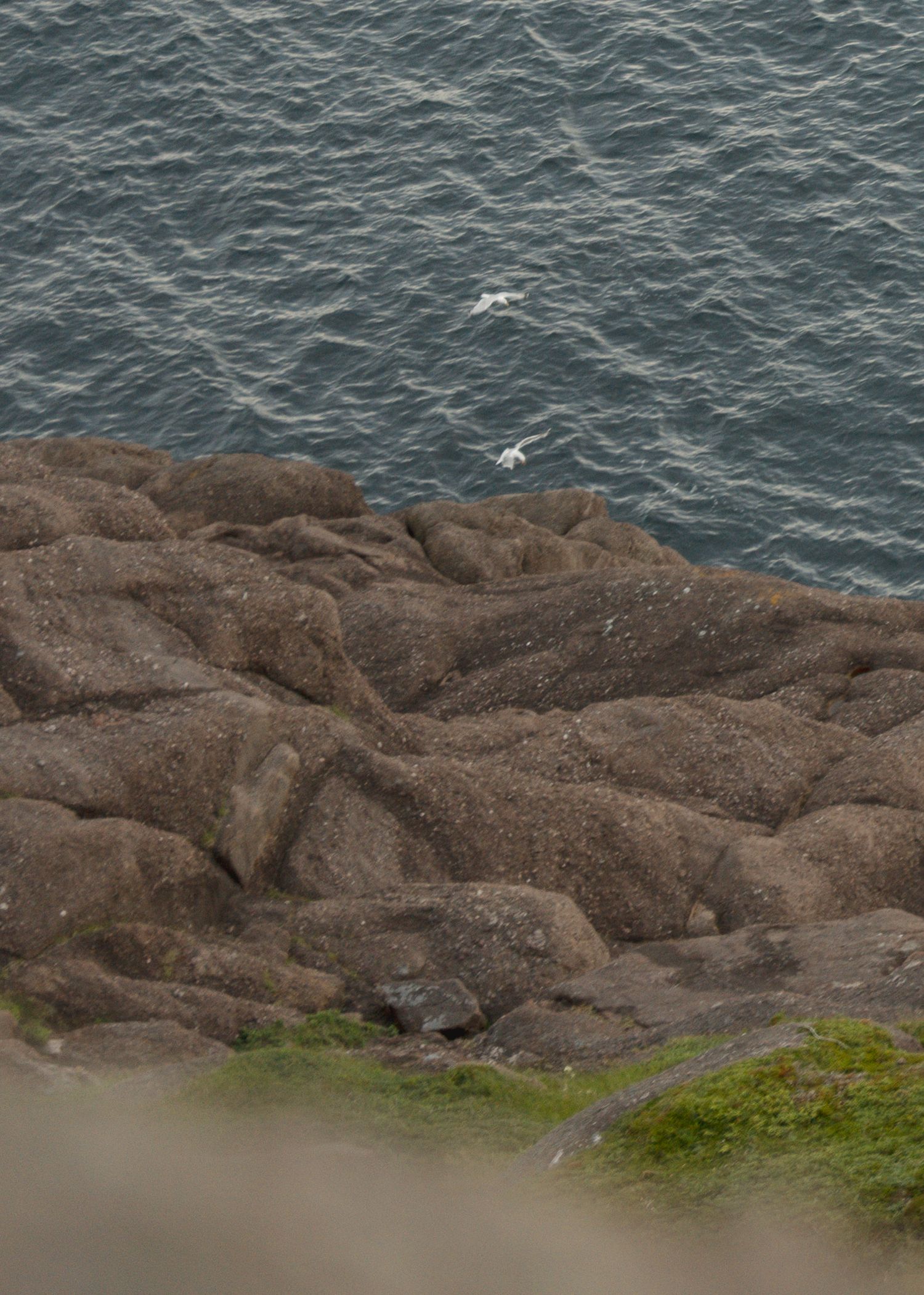 Rocky coastal shoreline with rough textured brown stone formations meets dark blue ocean waters under an overcast sky.