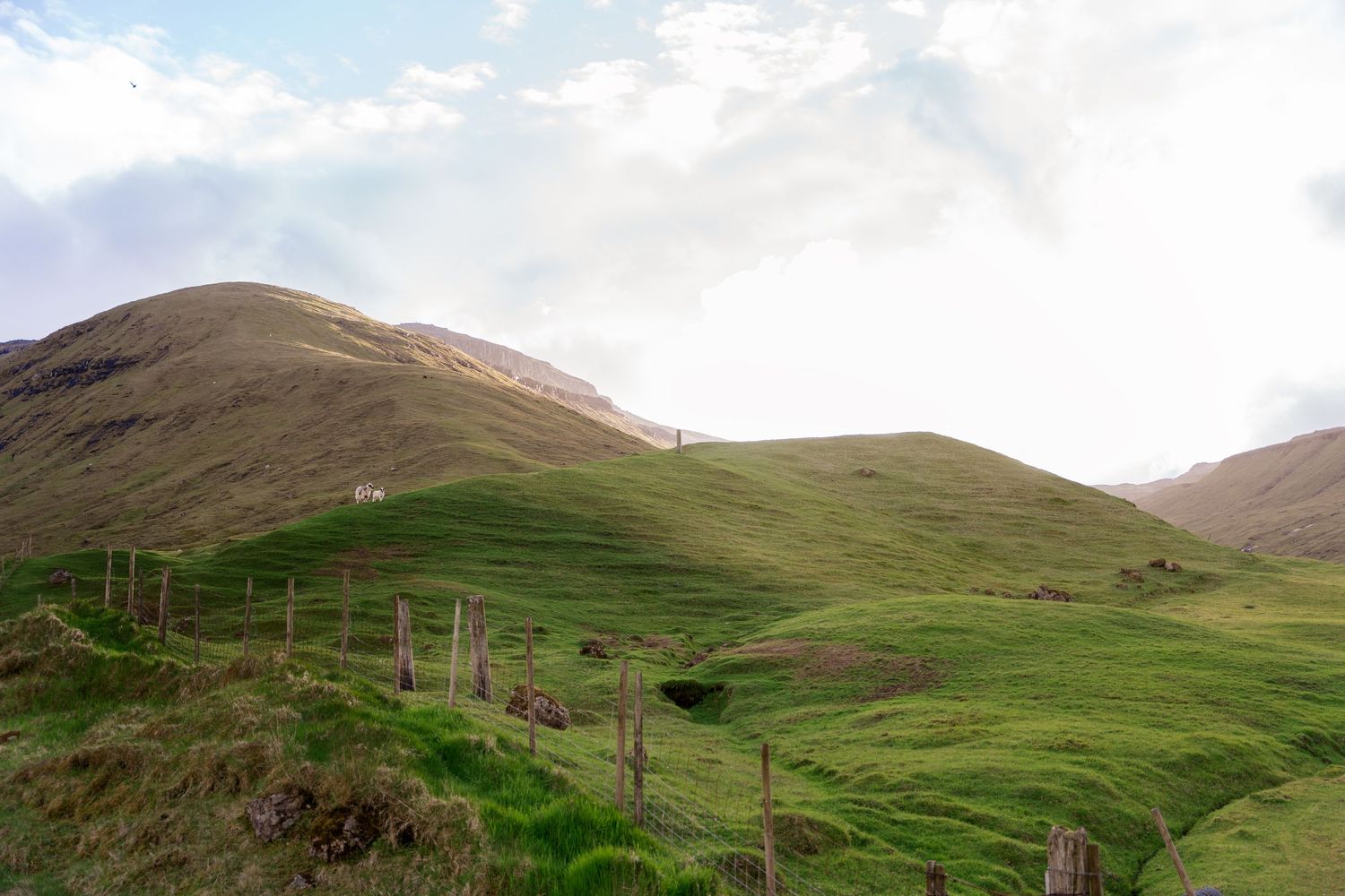 Lush green rolling hills with wooden fence posts under a cloudy sky in a scenic rural highland landscape.