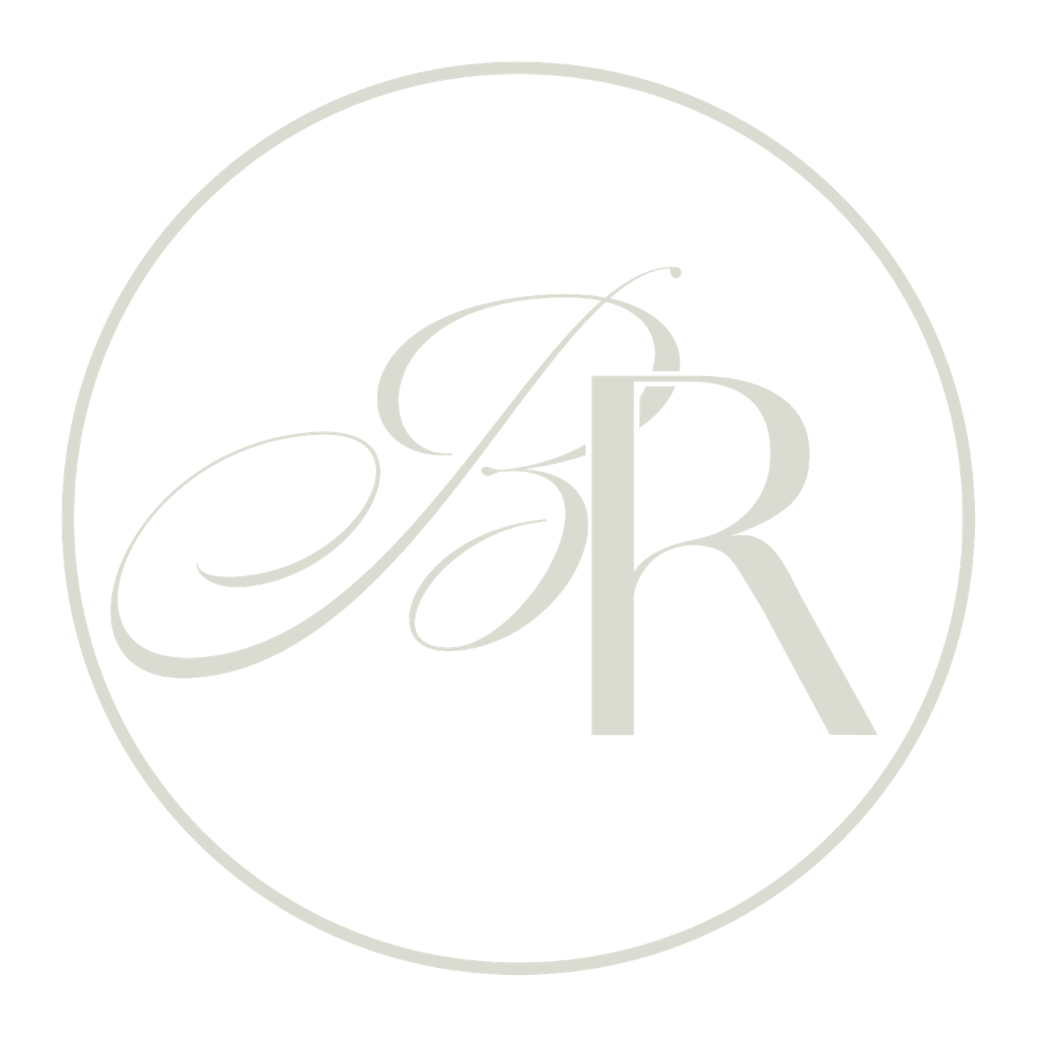 A refined circular monogram featuring ornate BR initials in light grey.