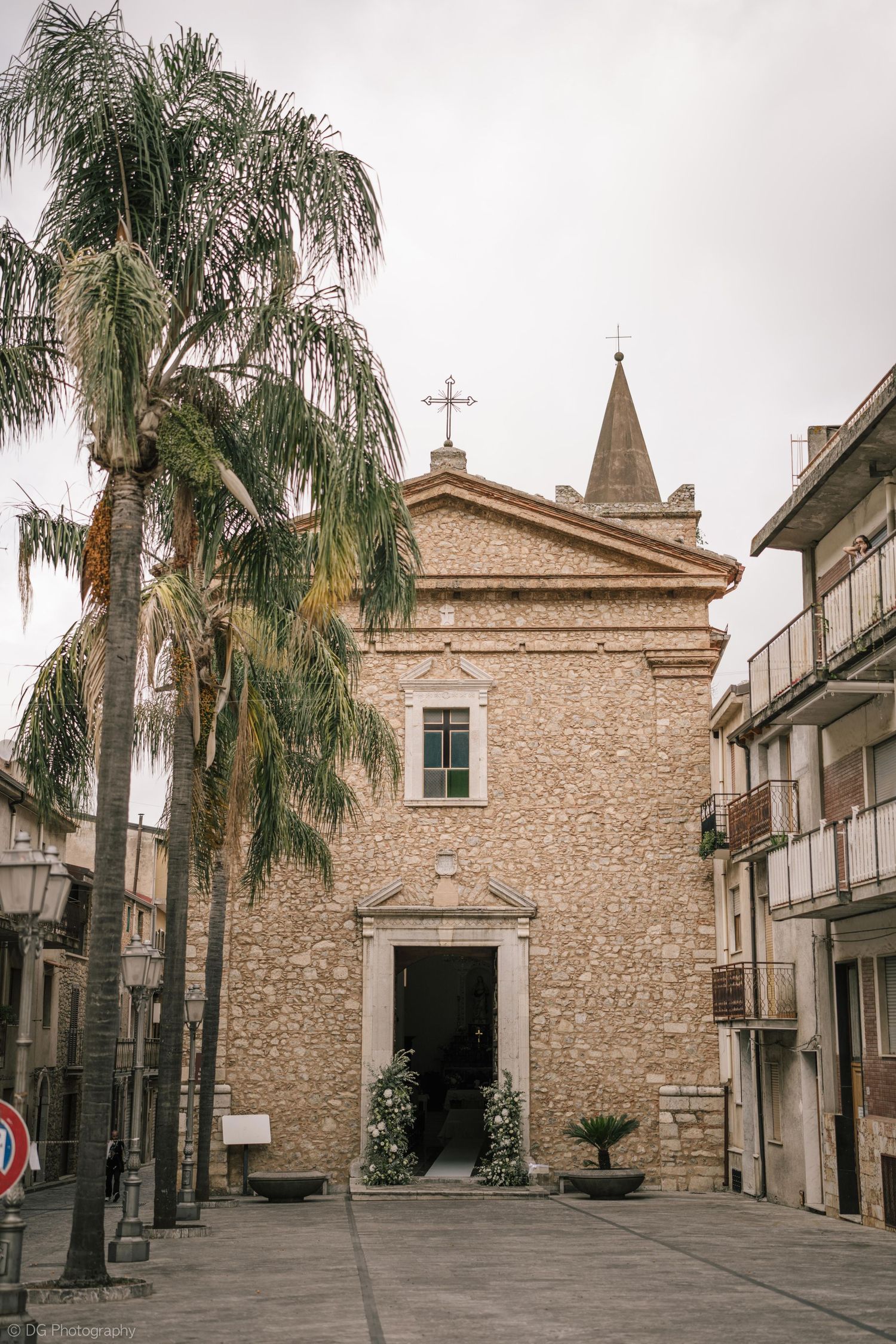 Historic stone church facade with palm trees in a Mediterranean town square showing three different angles.
