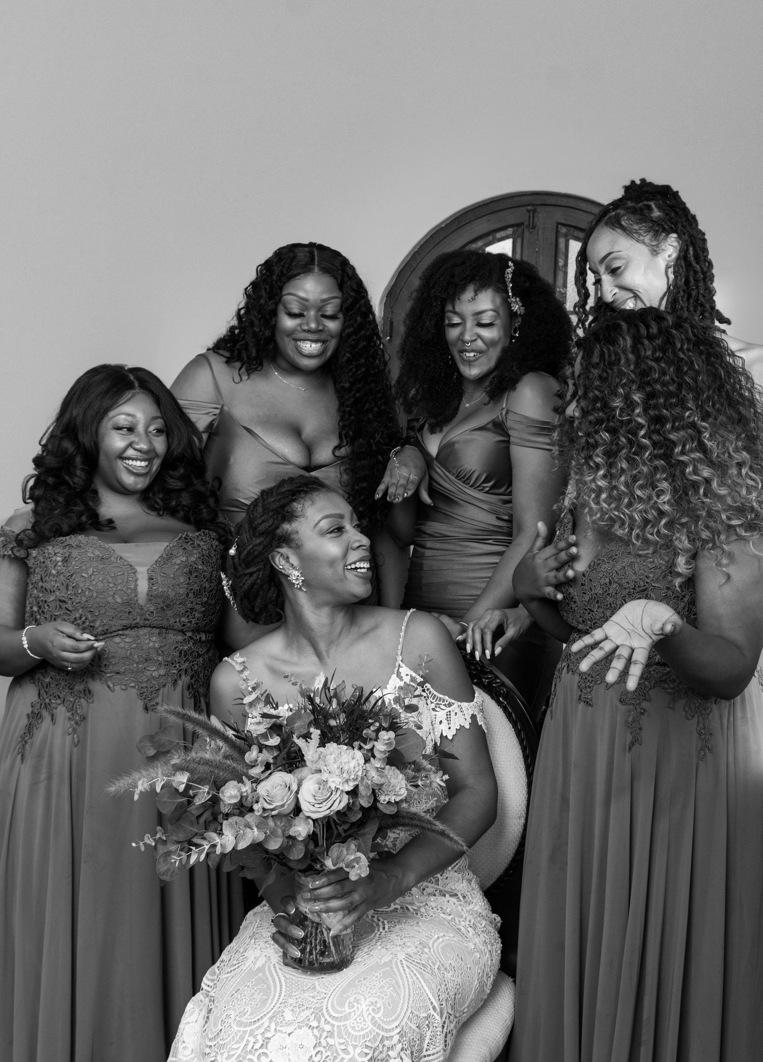 Black and white photo series showing joyful bridal party in matching dresses sharing candid laughing moments together.