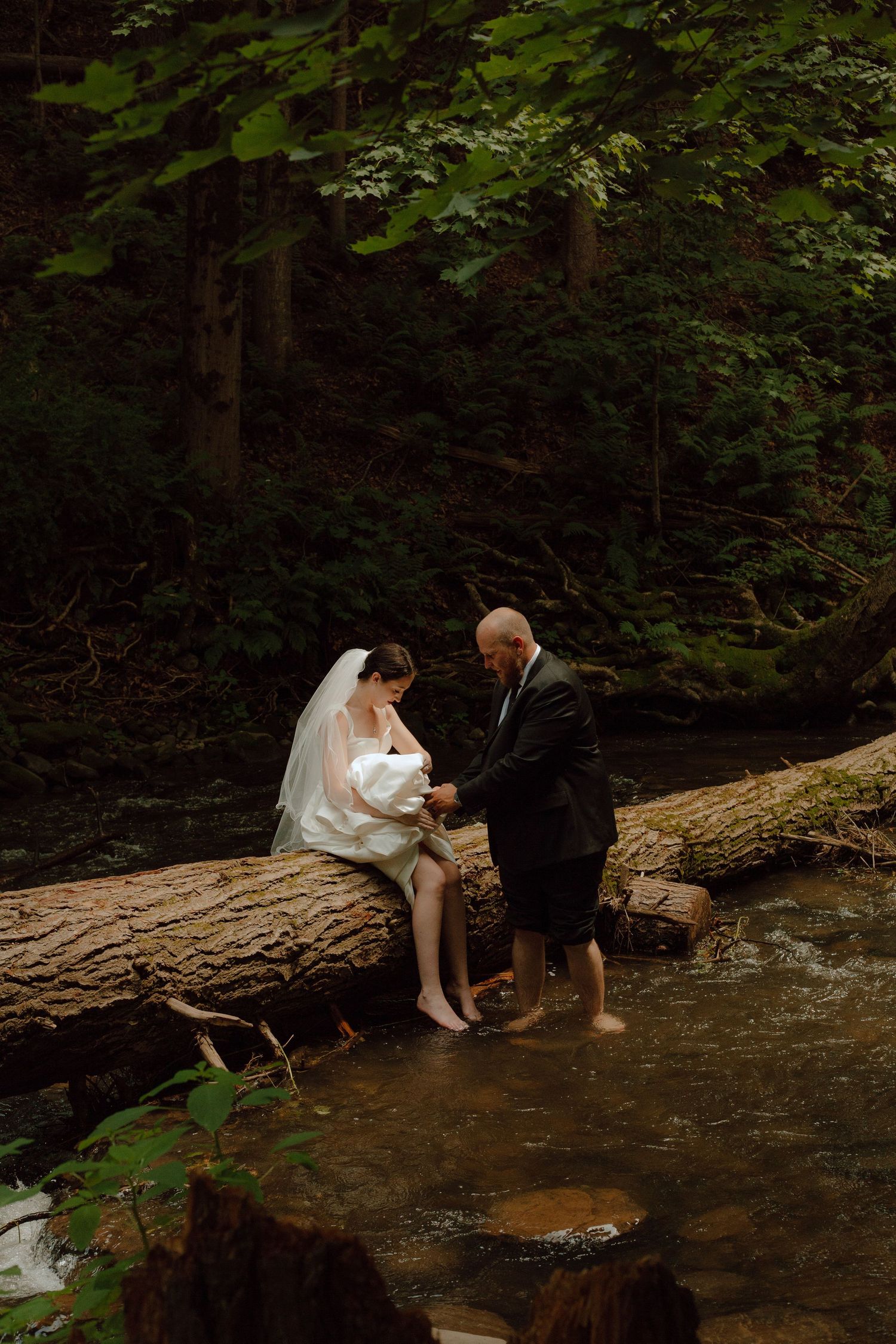 A couple sits intimately on a fallen log over a creek in a lush forest setting.