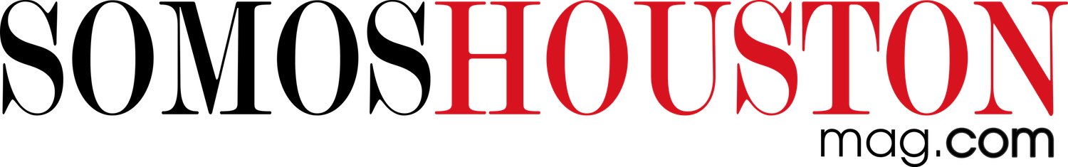 Black and red Somos Houston magazine logo text.