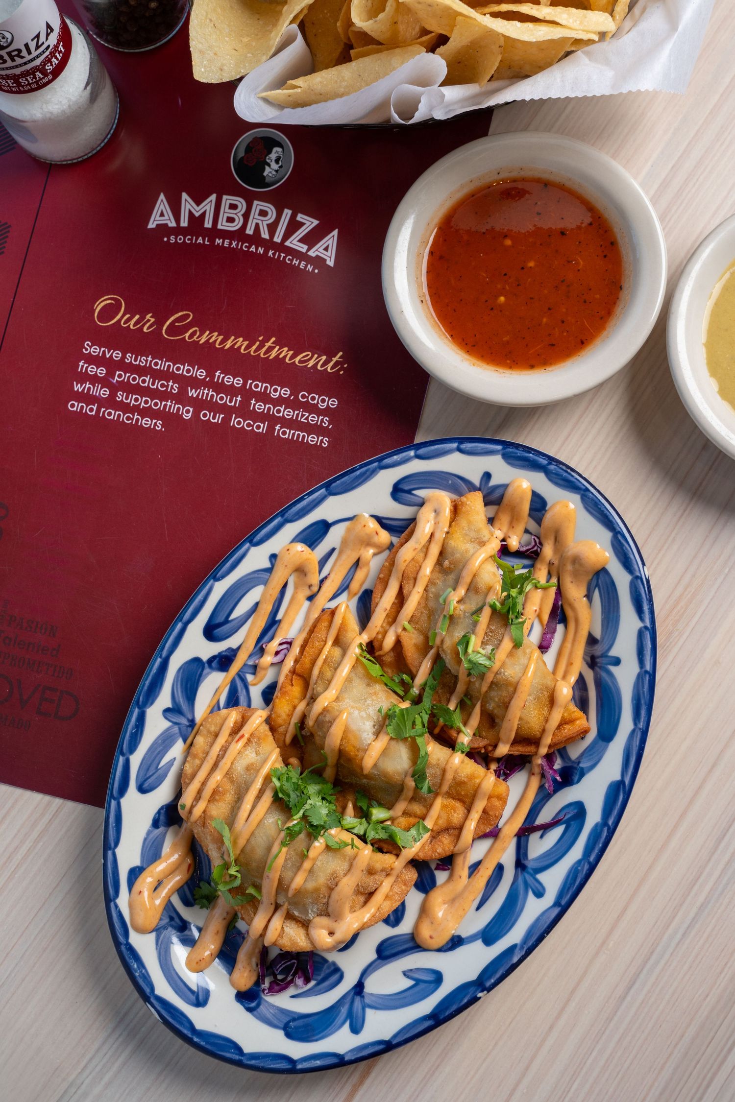 Mexican-style dish drizzled with creamy sauce served on a decorative blue and white plate.
