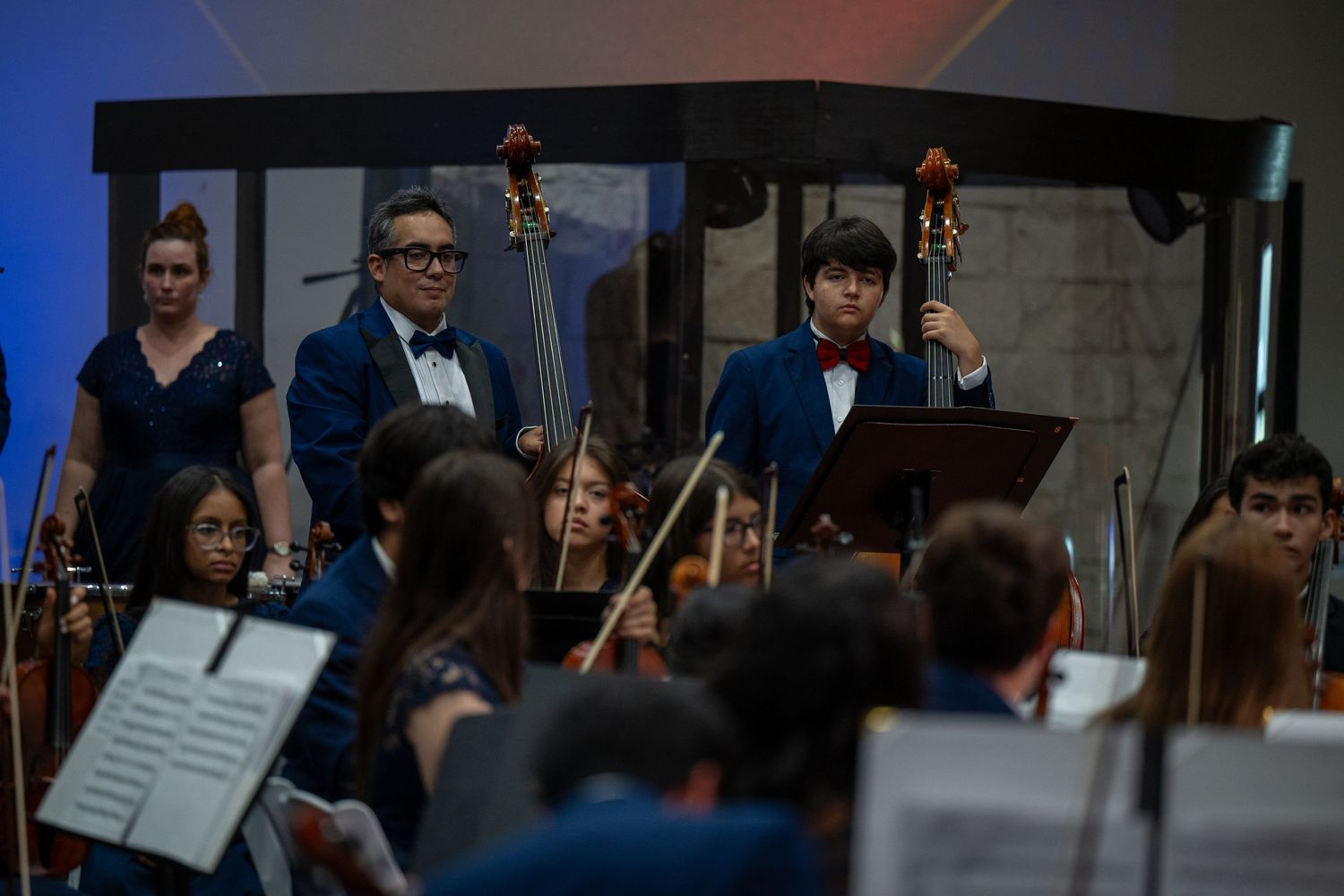 A symphony orchestra performs during a concert with musicians playing string instruments and brass instruments.