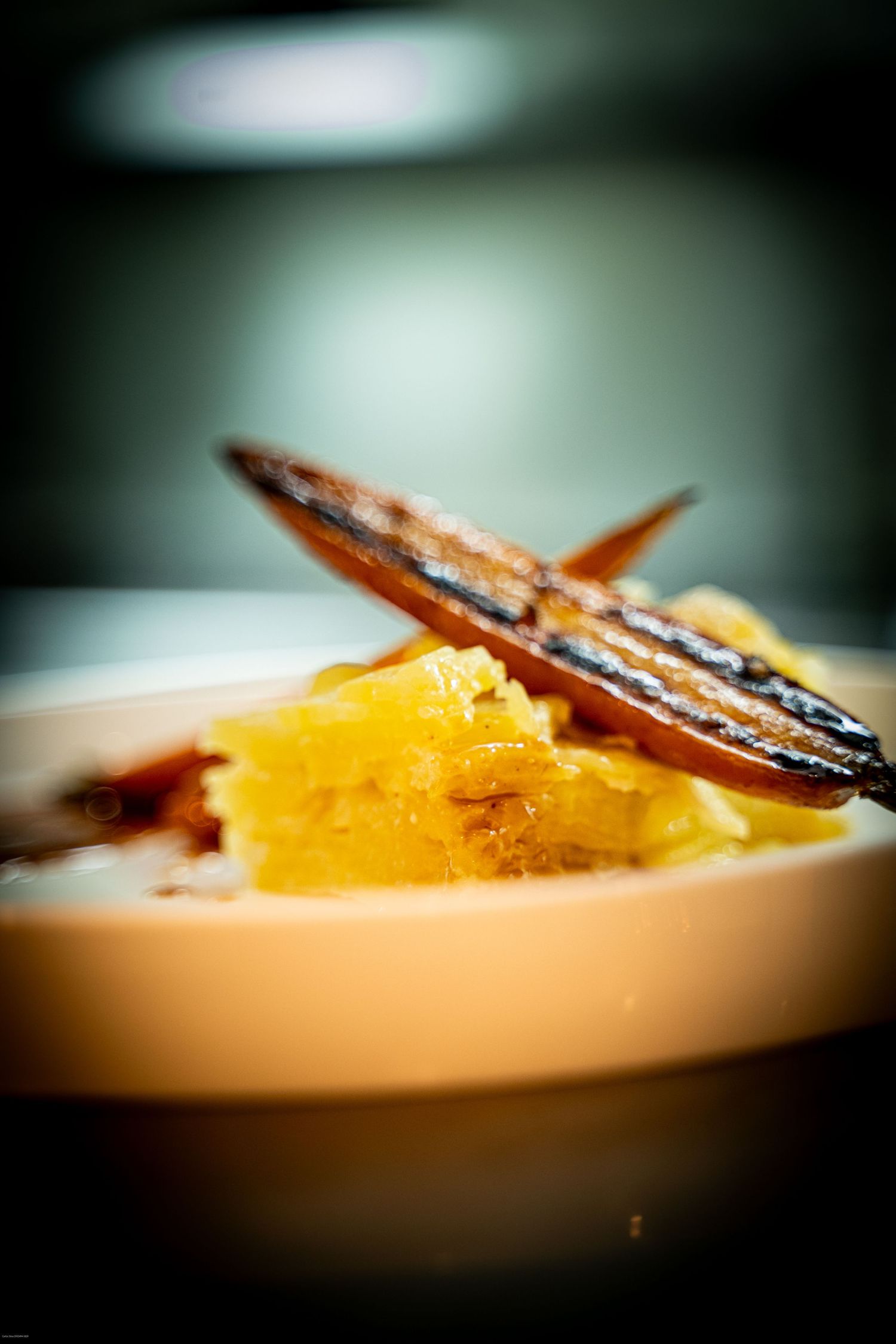 Close-up macro shot of honey drizzling over crispy bacon strips on a white plate.