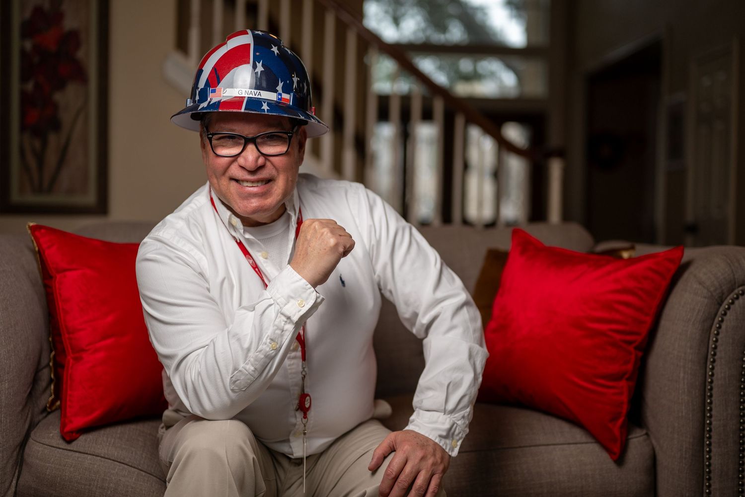 At-home male portrait using flash lighting—sharp, bold, and full of personality.