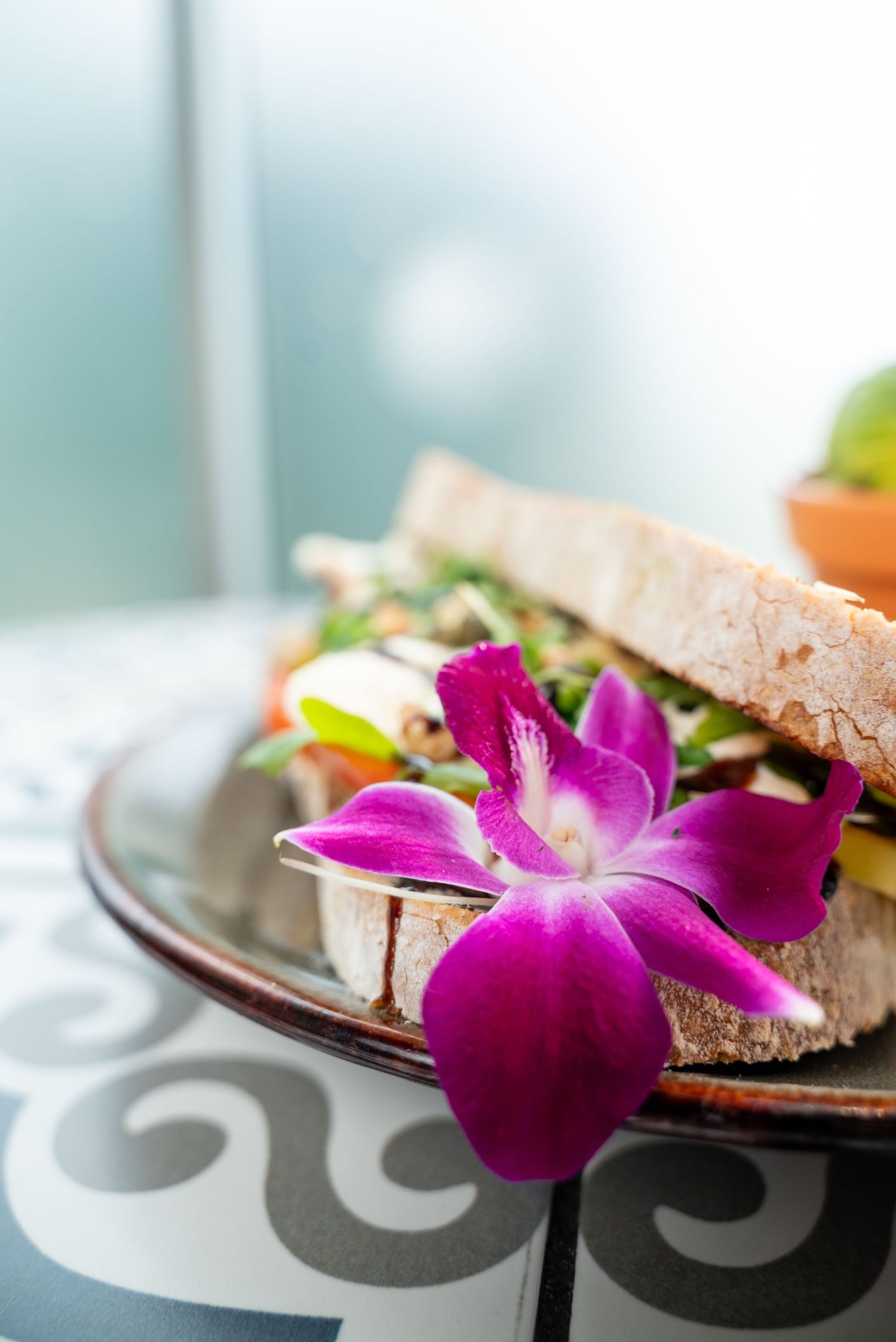 Sandwich plated on ceramic dish with vibrant purple orchid garnish on patterned table.