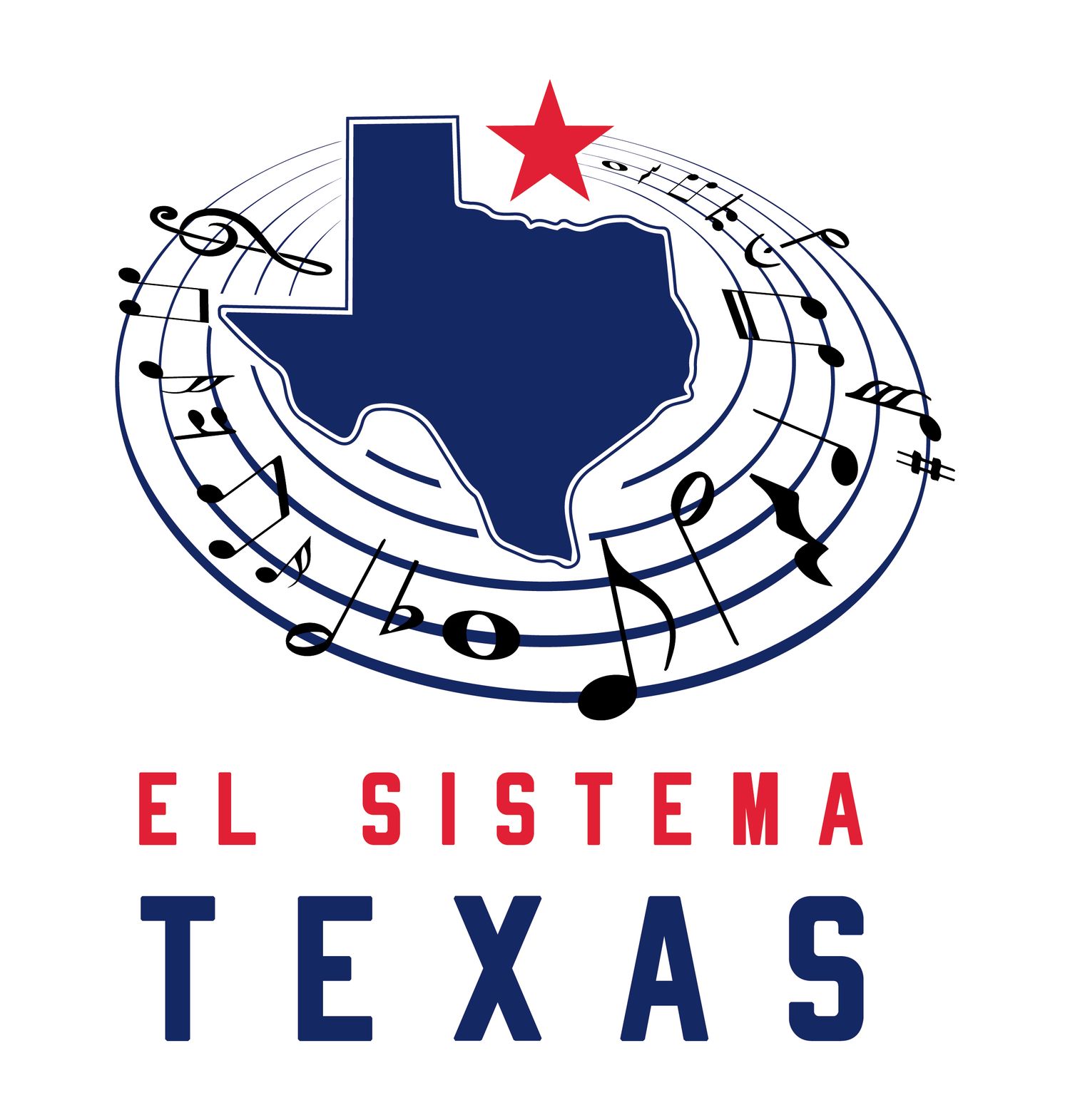 El Sistema Texas logo design with musical notes and state outline.