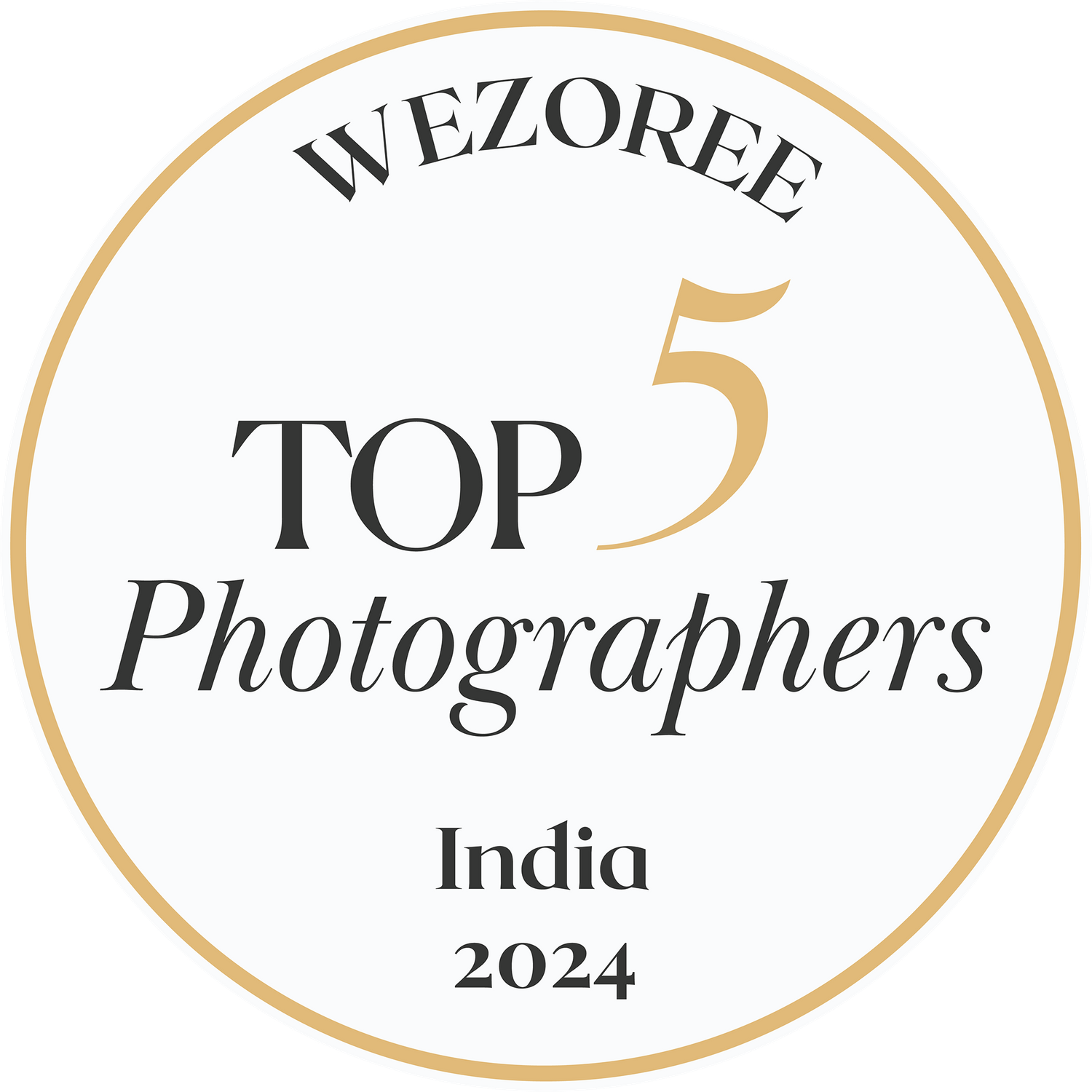 Wezoree Top 5 Photographers India 2024 award badge in gold and black.