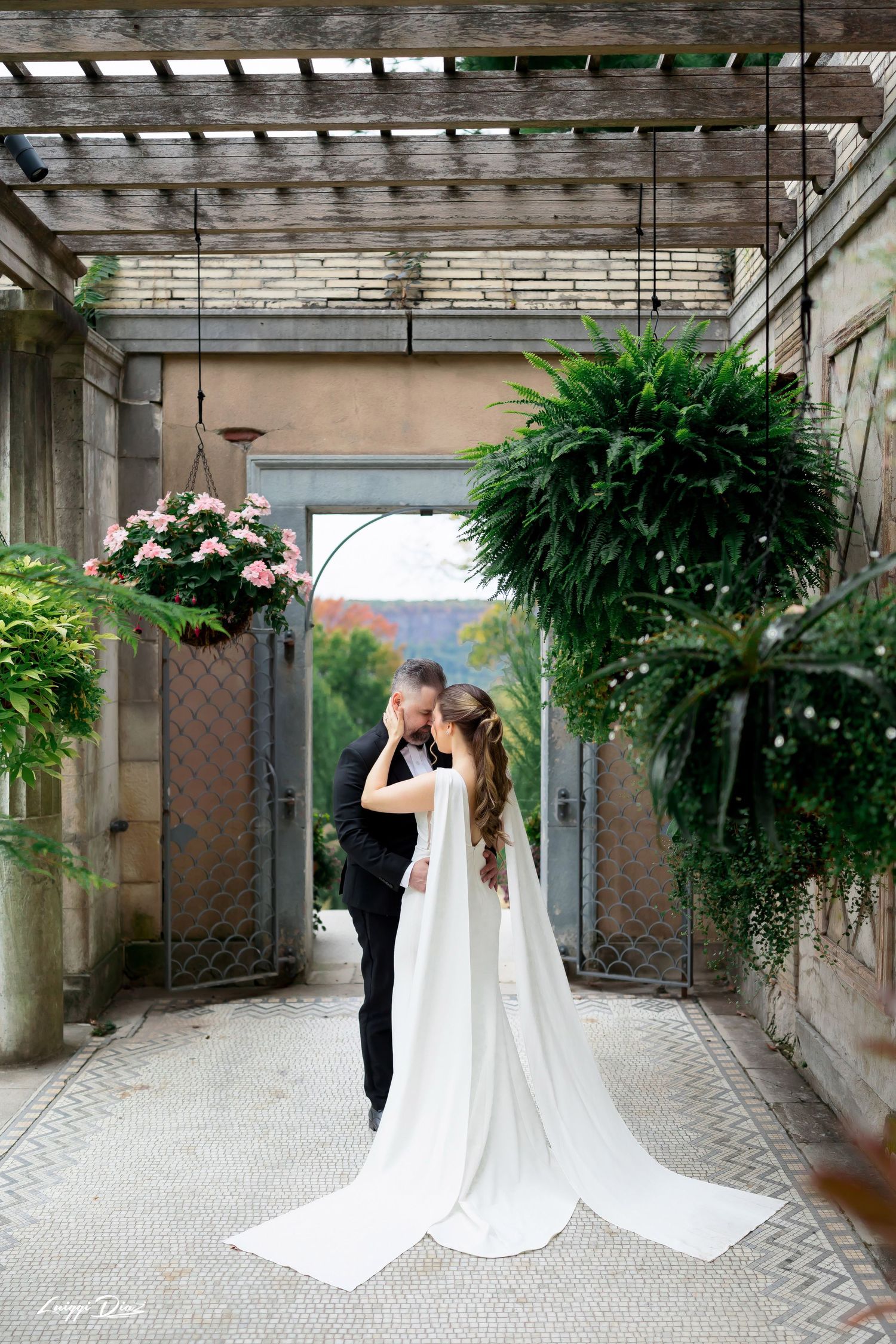 A romantic wedding moment under a pergola with hanging plants and florals creating an intimate garden atmosphere.