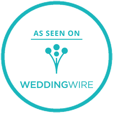 Circular turquoise badge reading As Seen On WeddingWire with flower icon.