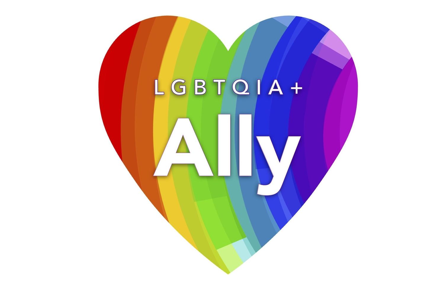 Rainbow heart shape with LGBTQIA+ Ally text in white overlaid on pride flag colors.