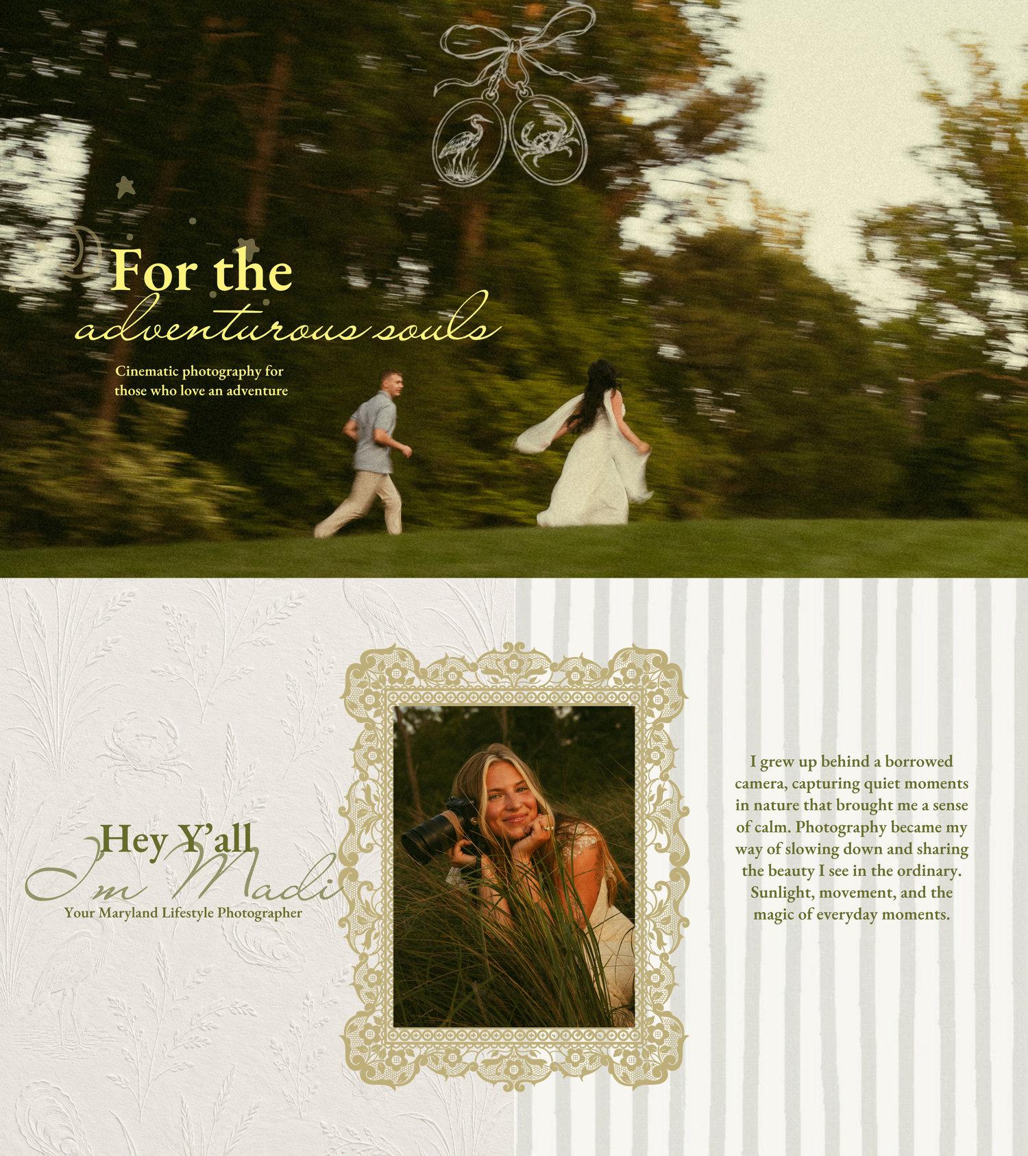 Wedding photography website featuring a running couple outdoors and a smiling female Maryland lifestyle photographer portrait.
