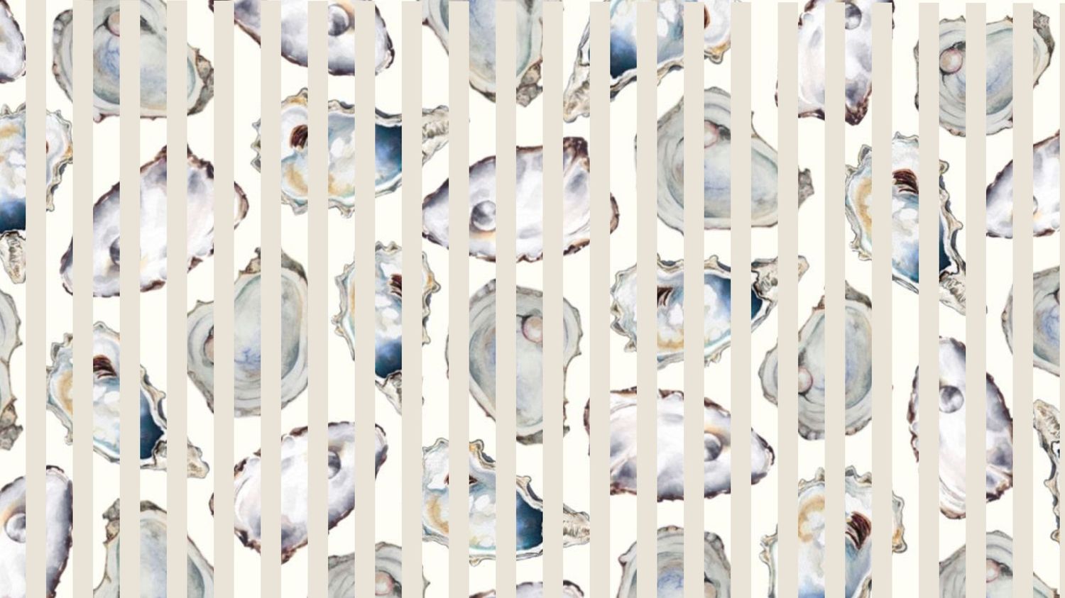 Elegant wallpaper pattern featuring watercolor oyster shells on white vertical stripes in soft blue and gray tones.