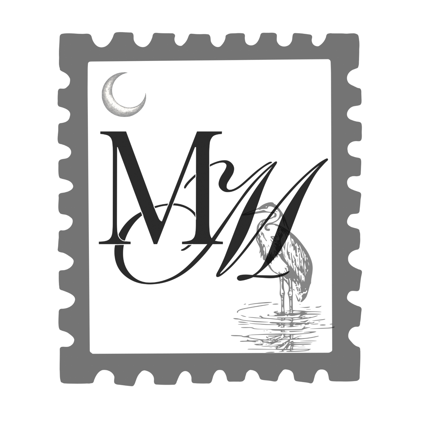 Minimalist postage stamp designs featuring moon and water motifs in black and white.