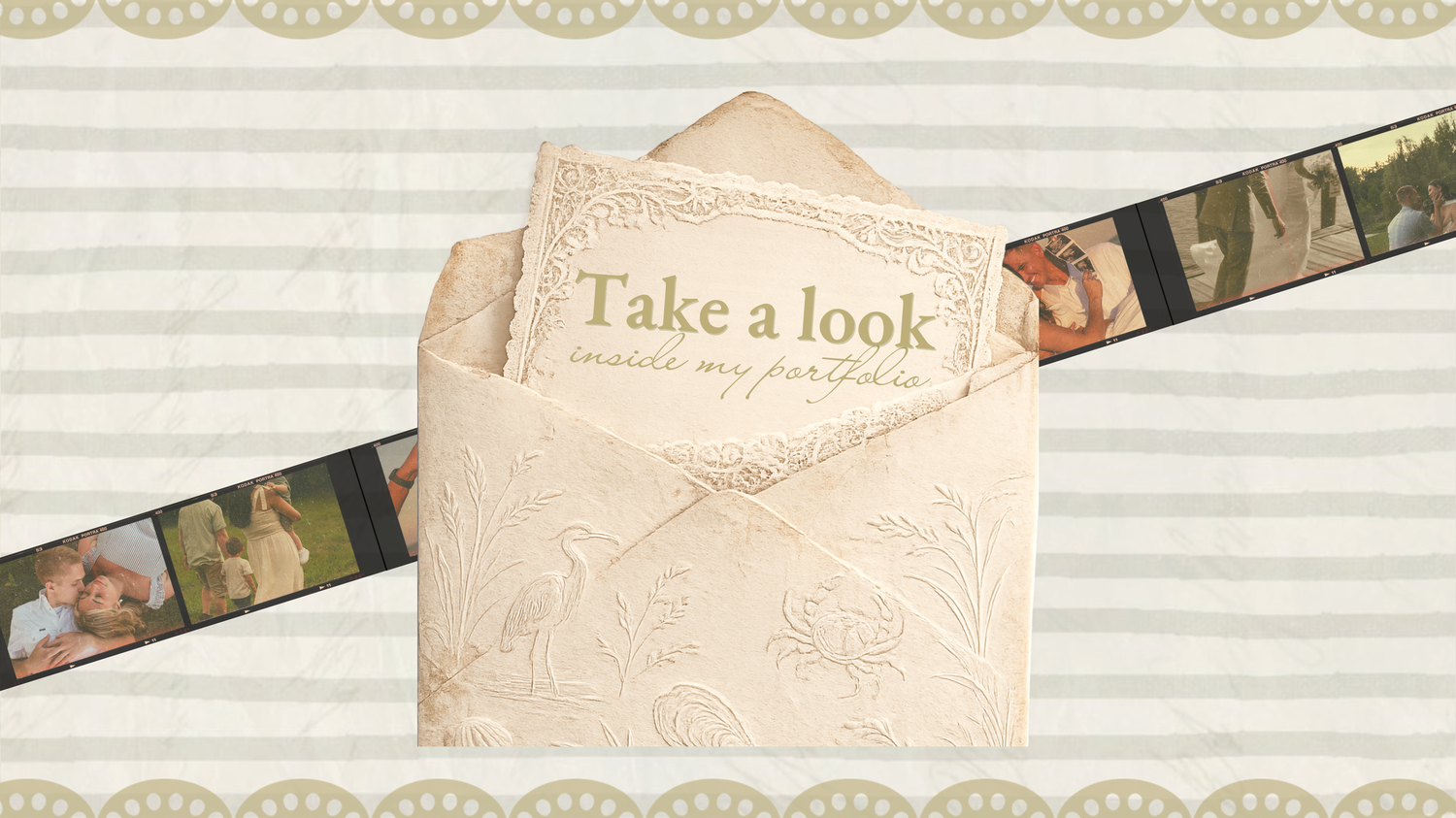 Vintage envelope with lace texture displaying a 'Take a look inside my portfolio' card with a film strip of wedding photos.