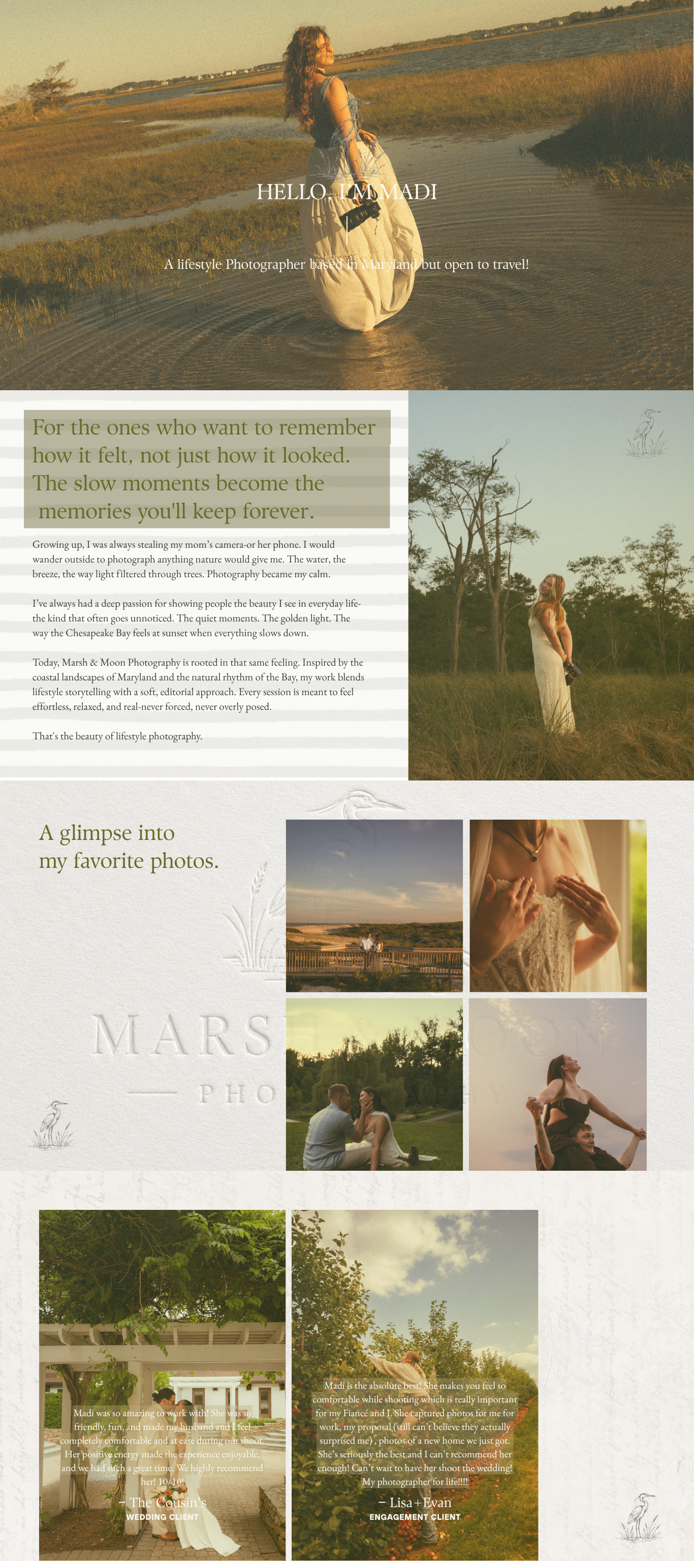 A lifestyle photography website showcasing golden-hour portraits, couples, and nature scenes in a soft, elegant layout.