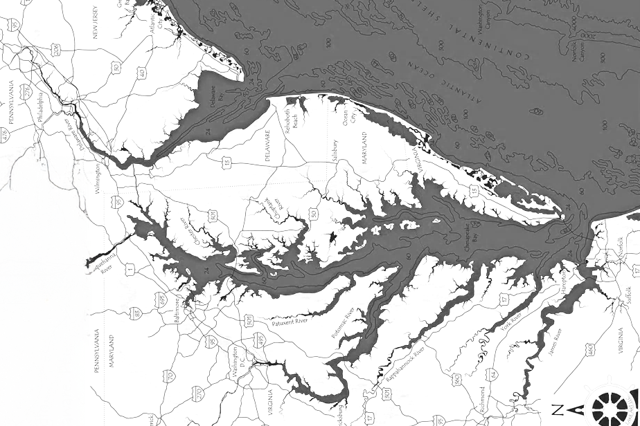 Black and white map illustrating the intricate waterways of a coastal region.