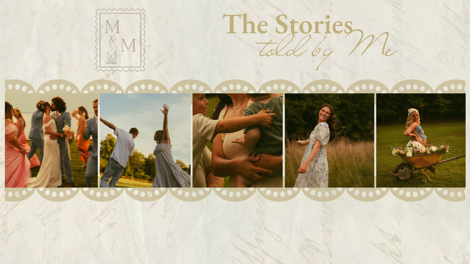A collage of outdoor photography sessions with text reading The Stories Told by Me on a vintage floral background.