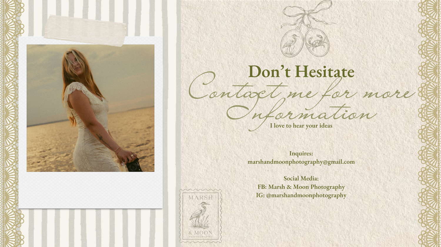 A vintage-style photography business card with a woman in white dress, contact details, and decorative lace border design.