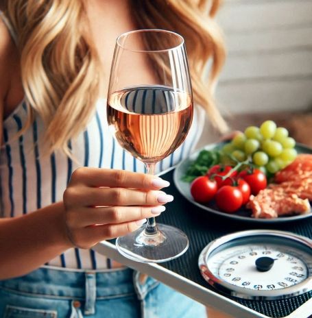 photo d'une femme tenant un verre de vin rosé sur un plateau, une balance et de la nourriture saine