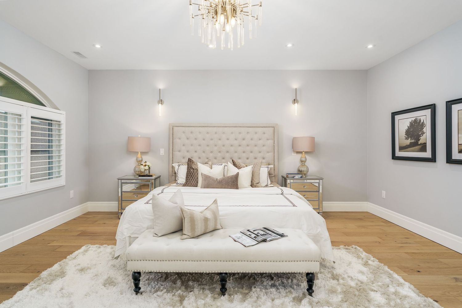 A collage of elegant bedroom interior photos showing neutral decor, warm lighting, and modern furnishings.