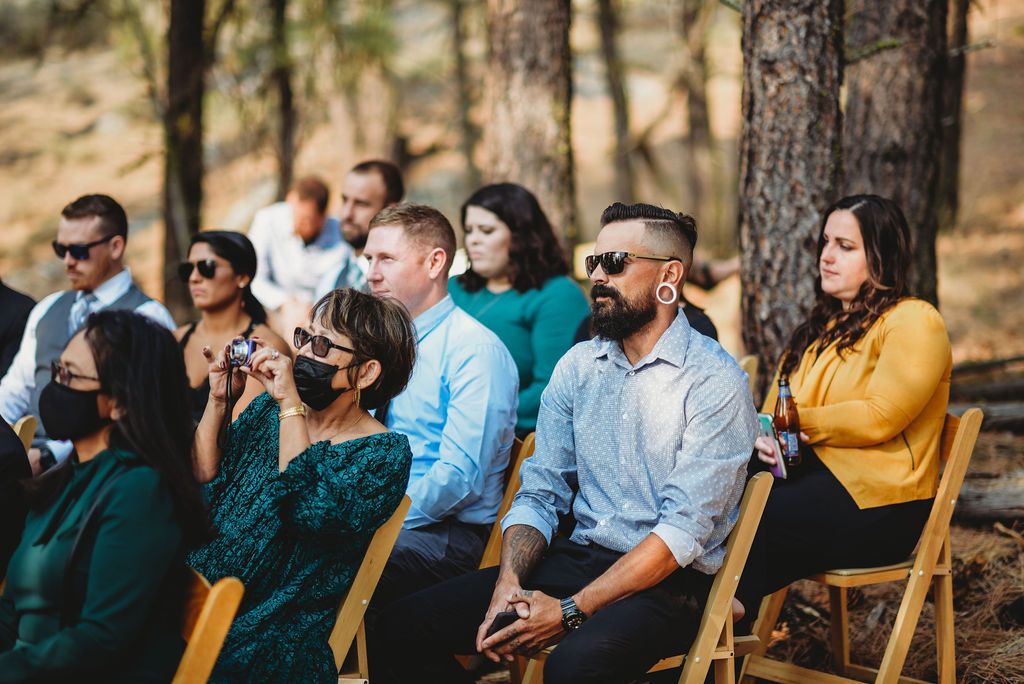Wedding guests seated on wooden chairs outdoors among pine trees watch an emotional ceremony.
