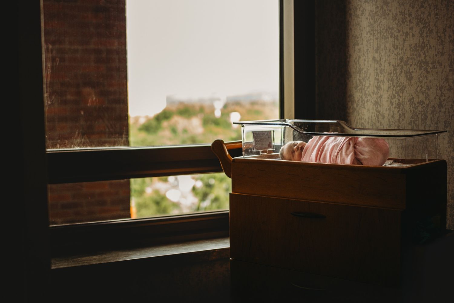 A coffee cup and pastry sit on a wooden windowsill in warm natural light.