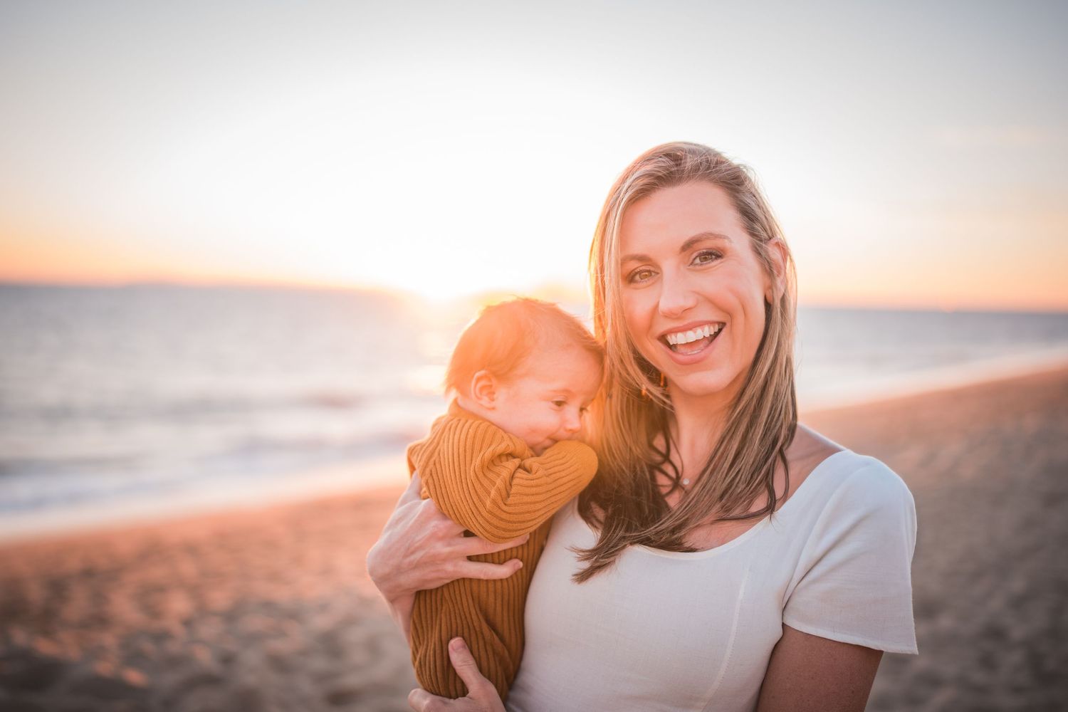 A group of beach lifestyle photos at sunset showing joyful moments in golden light along the shoreline.
