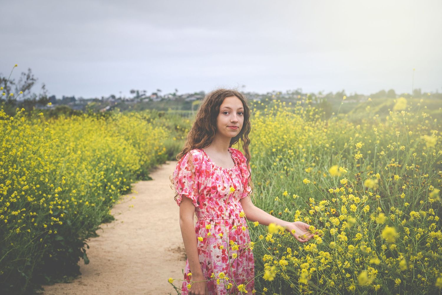 Spring portrait in field of yellow wildflowers with winding dirt path.