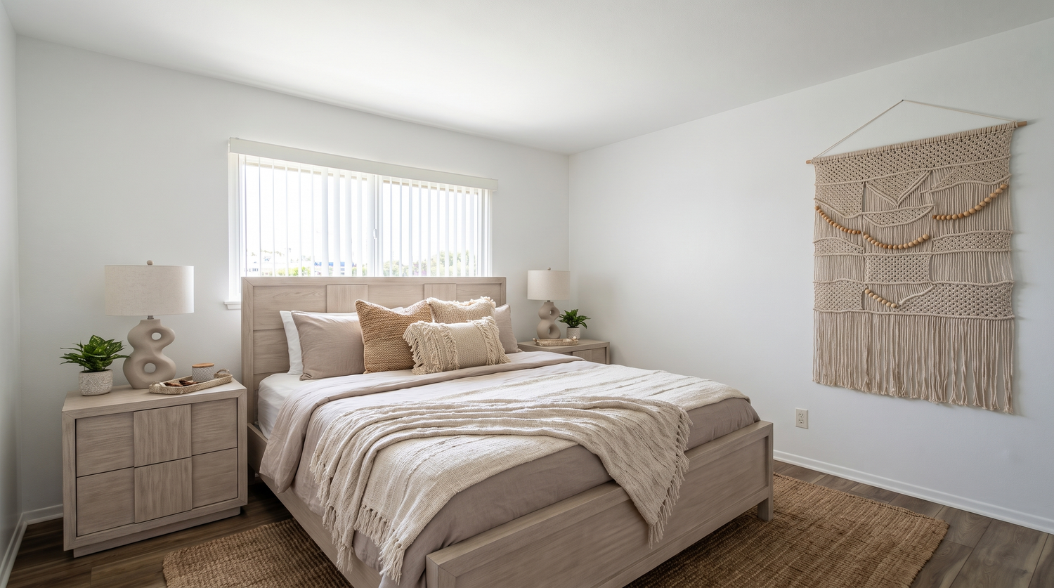 Bright bedroom with queen bed, neutral bedding, macrame wall hanging, and wood nightstands.