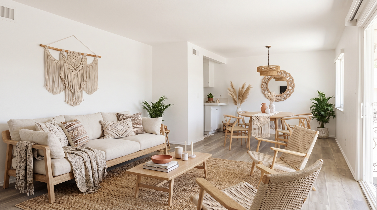 Bright bohemian living room with beige sofa, rattan chairs, macrame wall art, and natural wood accents in a modern apartment.