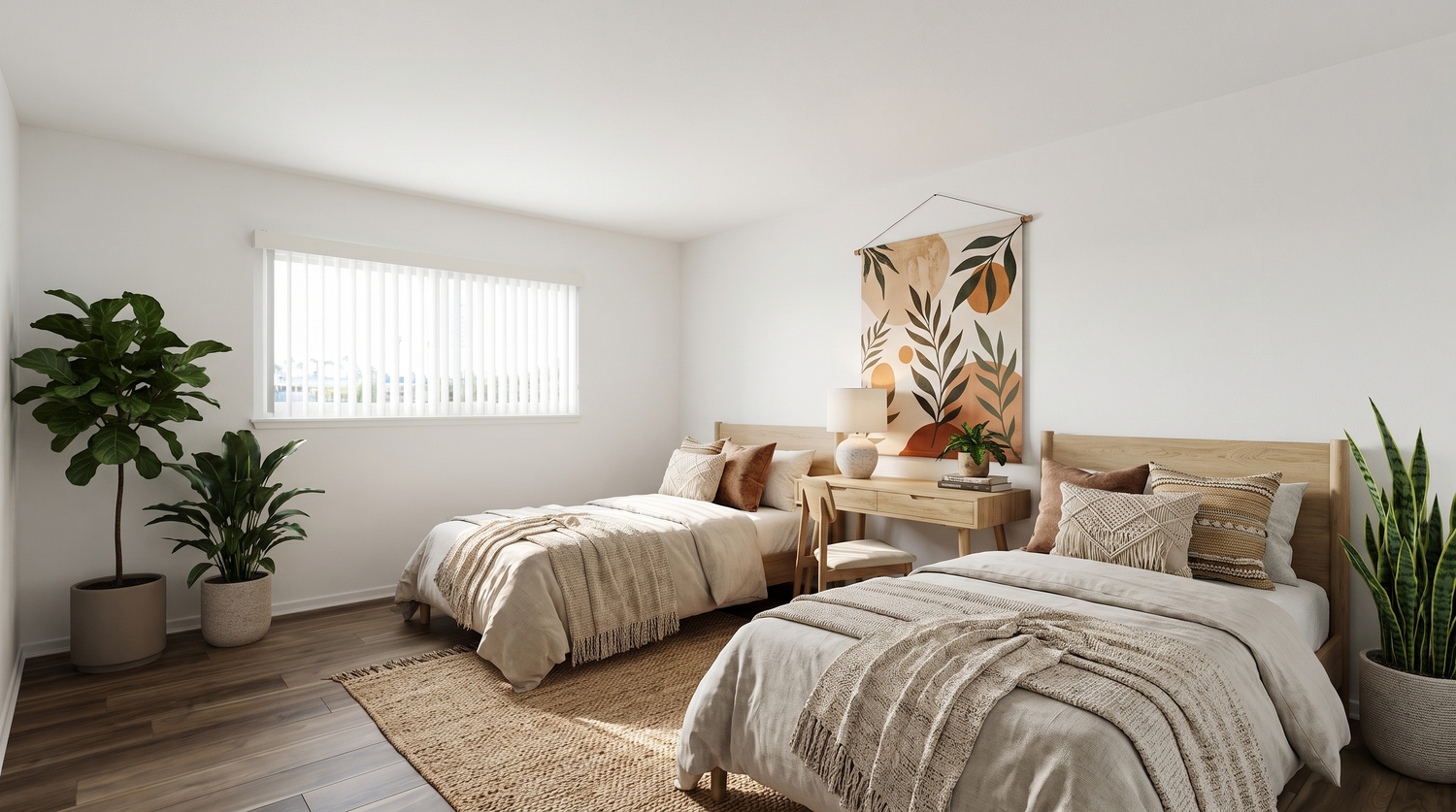 Boho bedroom with two beds, neutral bedding, woven wall art, and potted plants on wood floors.