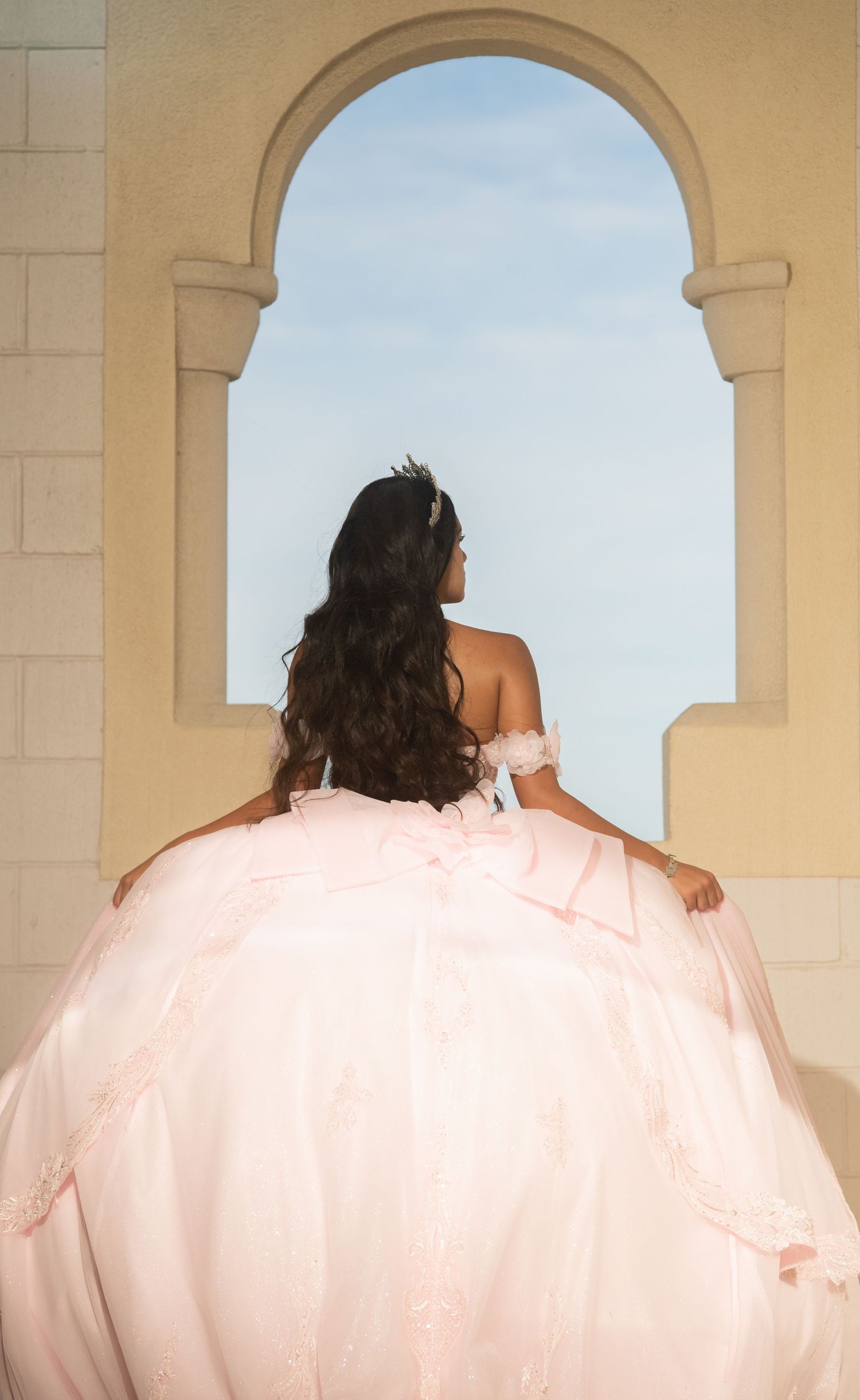 Young woman in a pink ball gown and tiara stands before an arched window, viewed from behind.