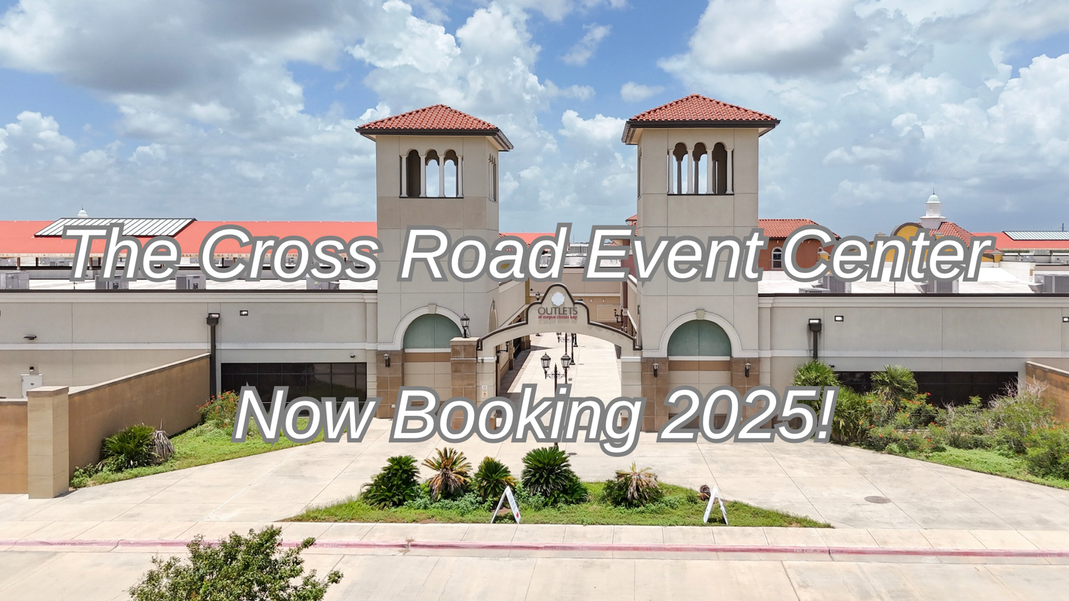 Exterior view collage of The Cross Road Event Center building and grounds showing the entrance and landscaping details.