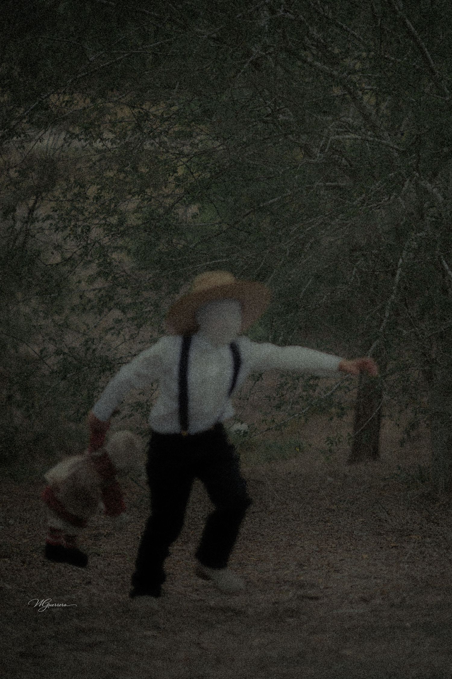 Faceless child figure in straw hat and suspenders running through dark forest path carrying a small doll.