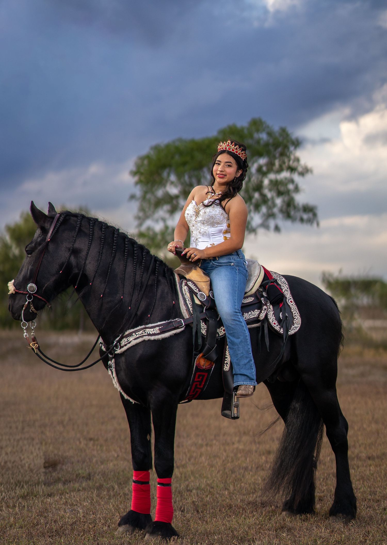 Dramatic outdoor portrait session with a black horse and flowing white and red gown against a cloudy sky.
