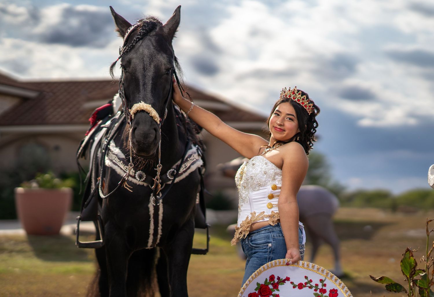 A collection of equestrian quinceañera photos showing a young woman in a white and pink dress posing with a black horse.