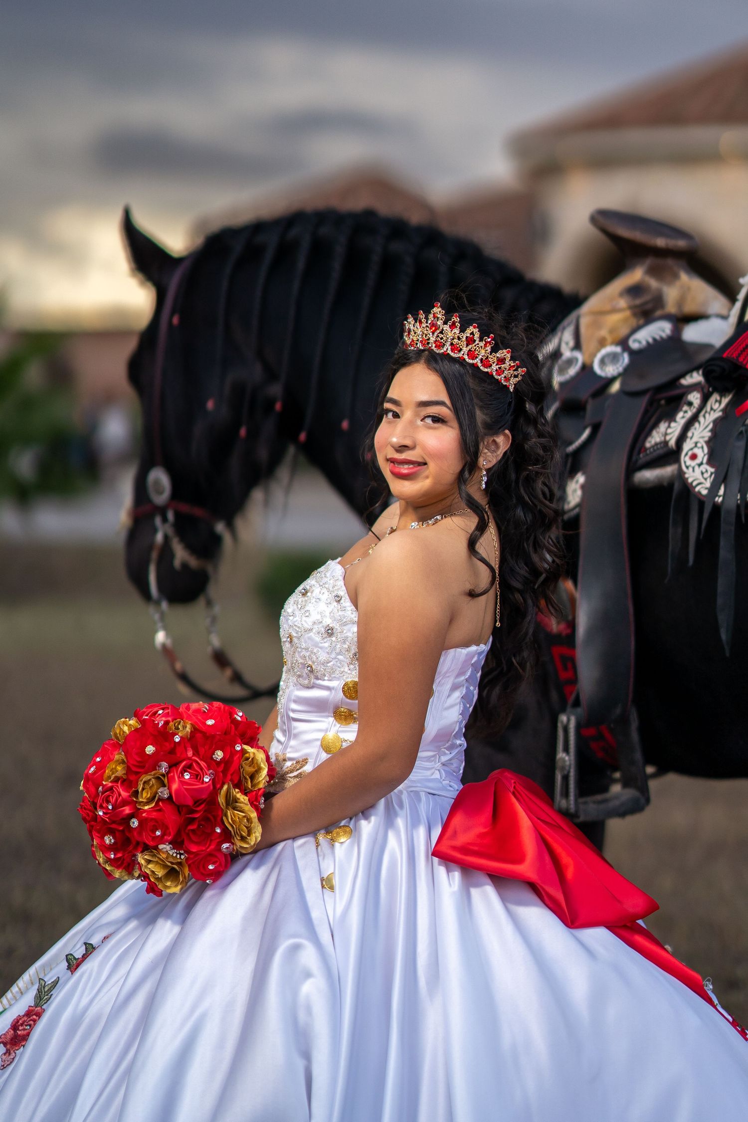 A quinceañera photoshoot featuring a white ball gown, red roses, and a black horse in an outdoor setting.